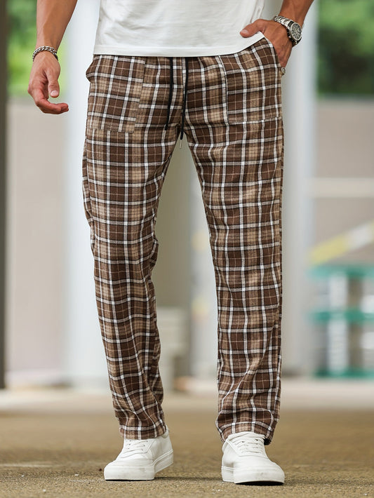 Heren Geruite Broek | Bruin & Trendy | Trekkoord & Comfortabele Pasvorm | Lente & Herfst