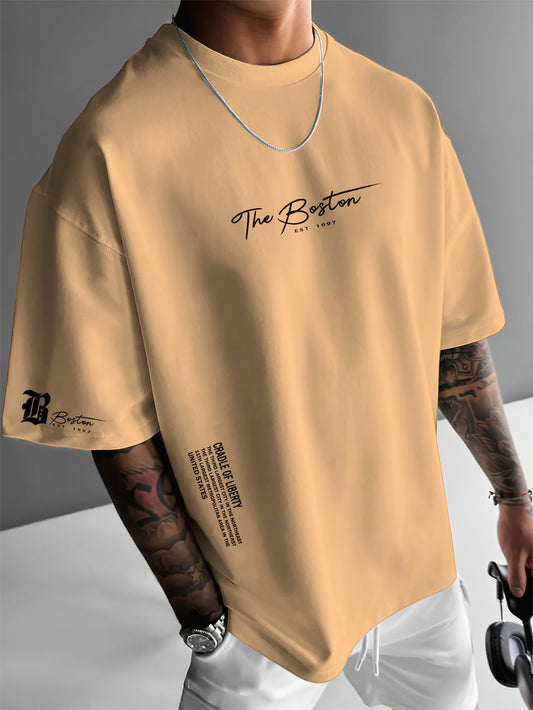 Heren T-shirt met slogan print in abrikoos