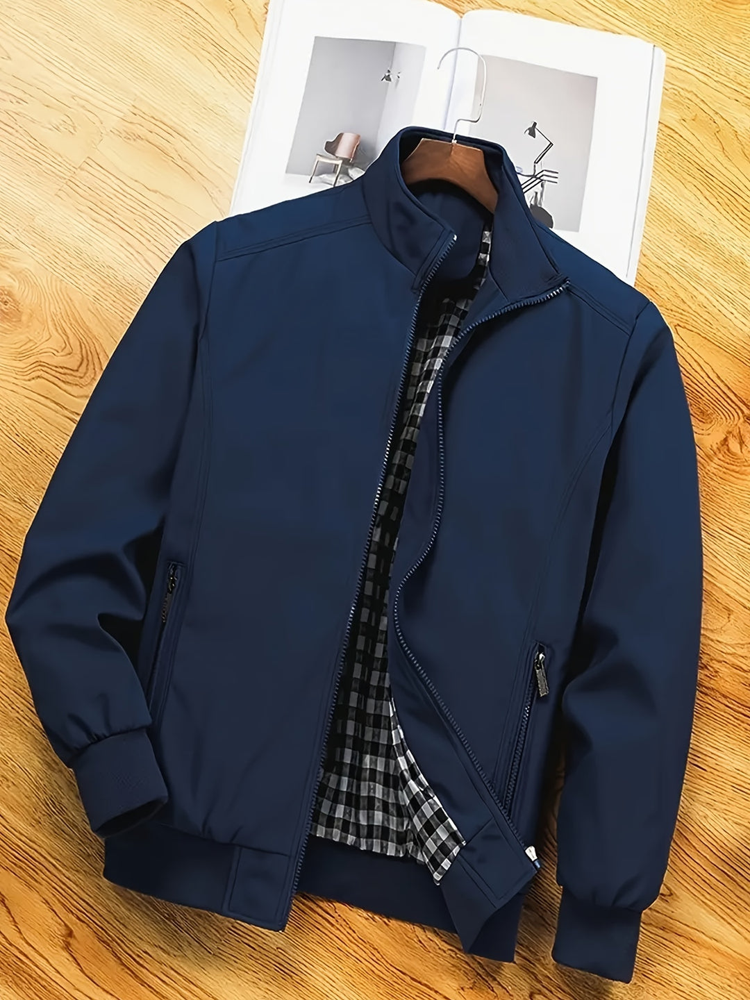 Heren jas met staande kraag in blauw