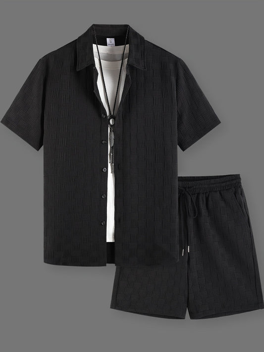 Heren Zomer Set | Geborduurd Overhemd & Trekkoord Shorts | Effen Kleur | Casual