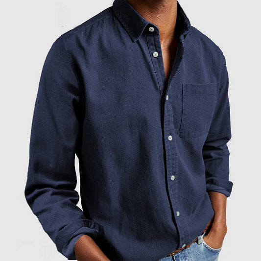 Katoen-linnen overhemd heren loose fit in marine-blauw