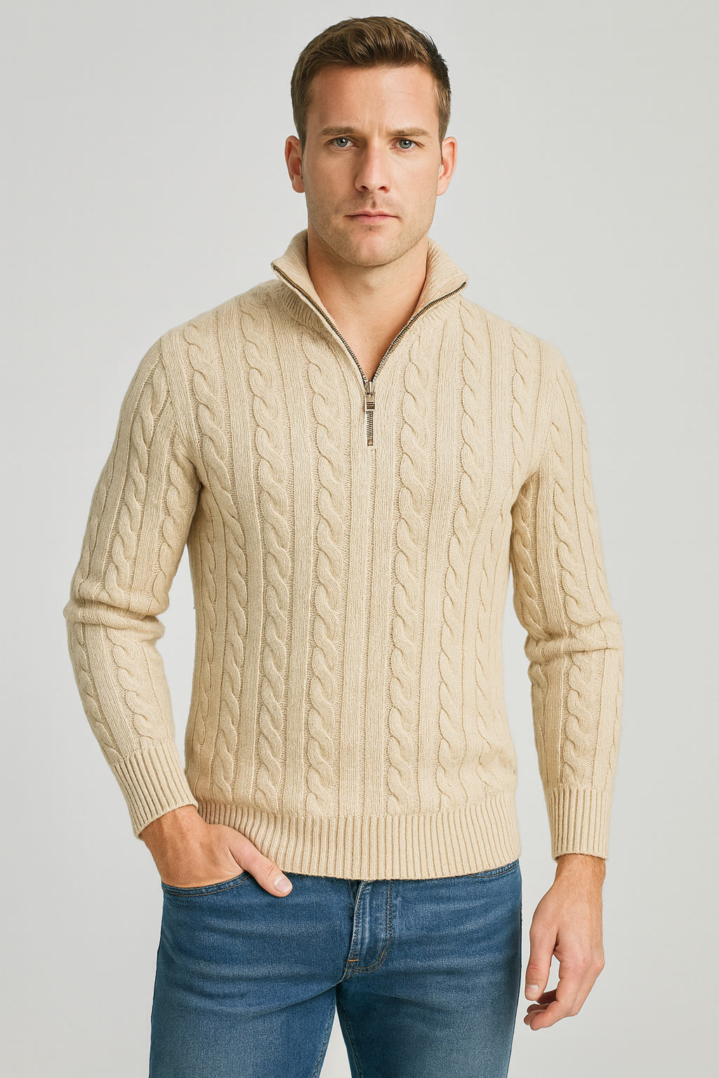Heren kabelgebreide half-zip met hoge kraag in beige, Klassiek