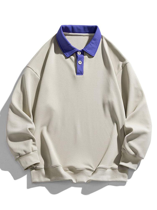 Heren Polokraag Sweatshirt met Knopen in beige, Relaxed Fit