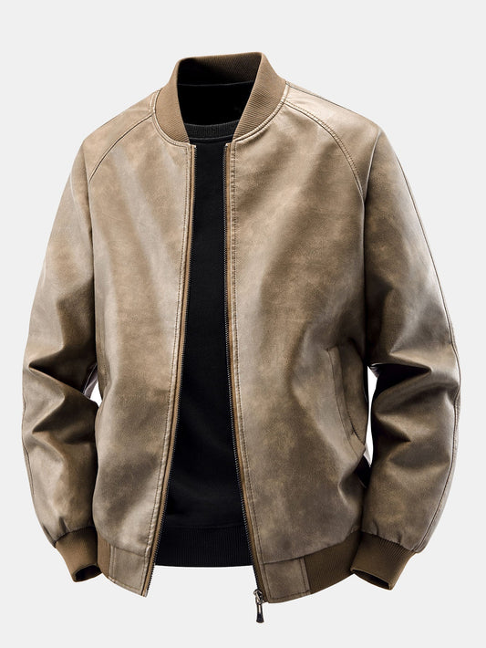 Heren Vintage Gewassen Kunstleren Bomberjack in taupe, Relaxed Fit