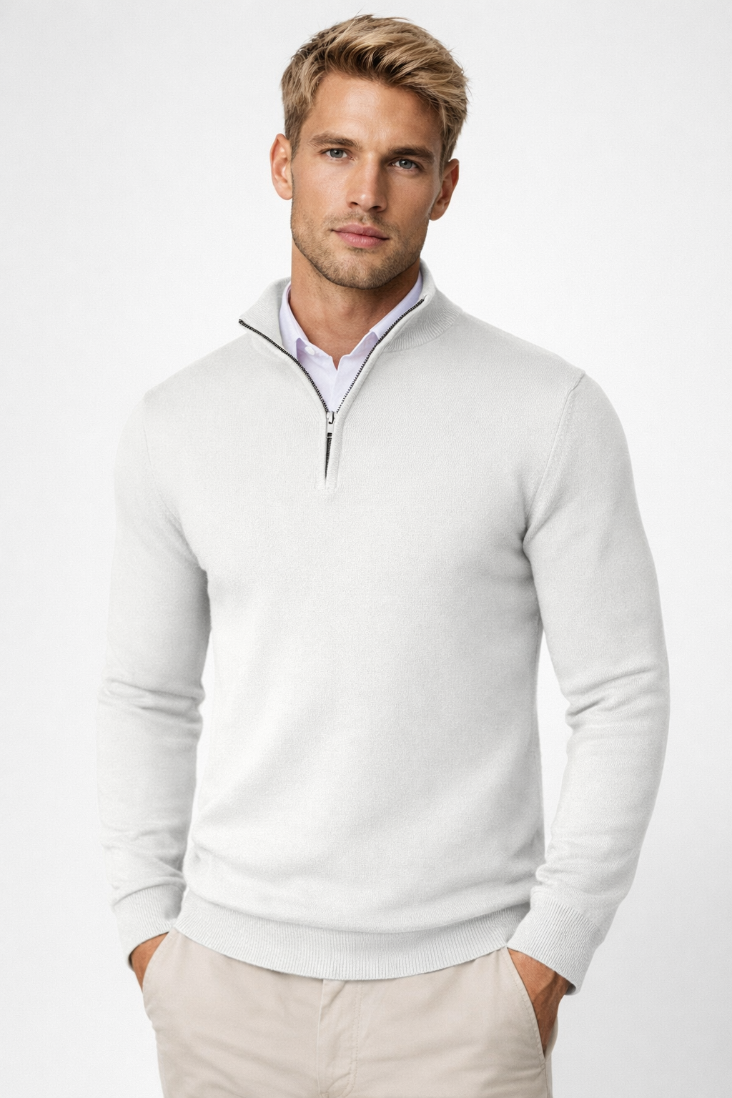 Half-zip trui heren met ritskraag in wit