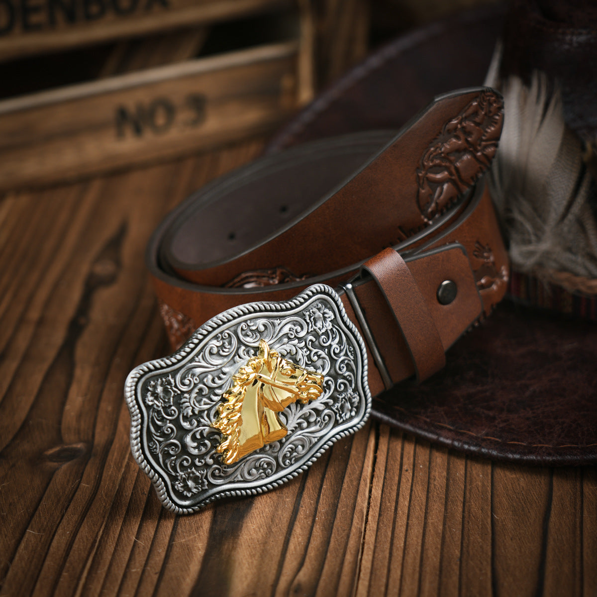 Western riem heren vegan leder in donker-bruin-paard