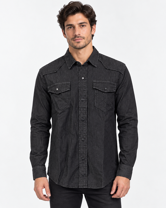 Denim overhemd heren slim fit in donker-grijs