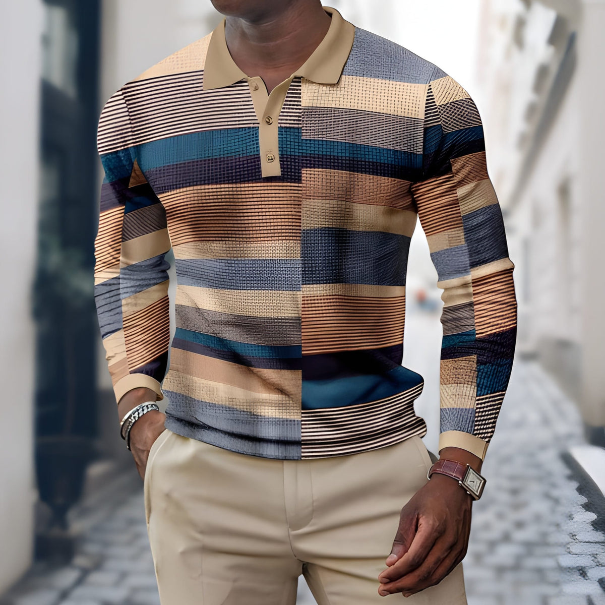 Heren polo lange mouw patchwork in bruin