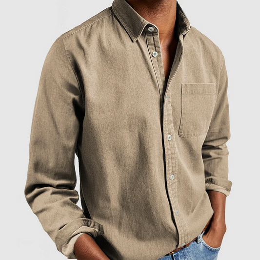 Katoen-linnen overhemd heren loose fit in khaki