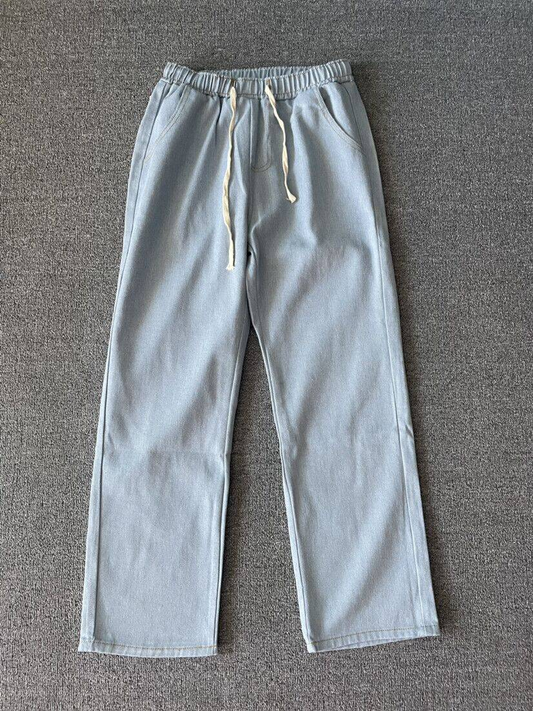 Heren Denim Broek | Gewassen Look met Zakken | Trekkoord & Rechte Pijp | Casual & Outdoor