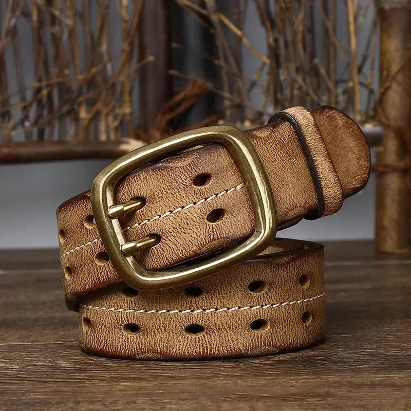 Heren Riem | Echt Runderleer | Dubbele Messing Gesp | Retro & Stevig