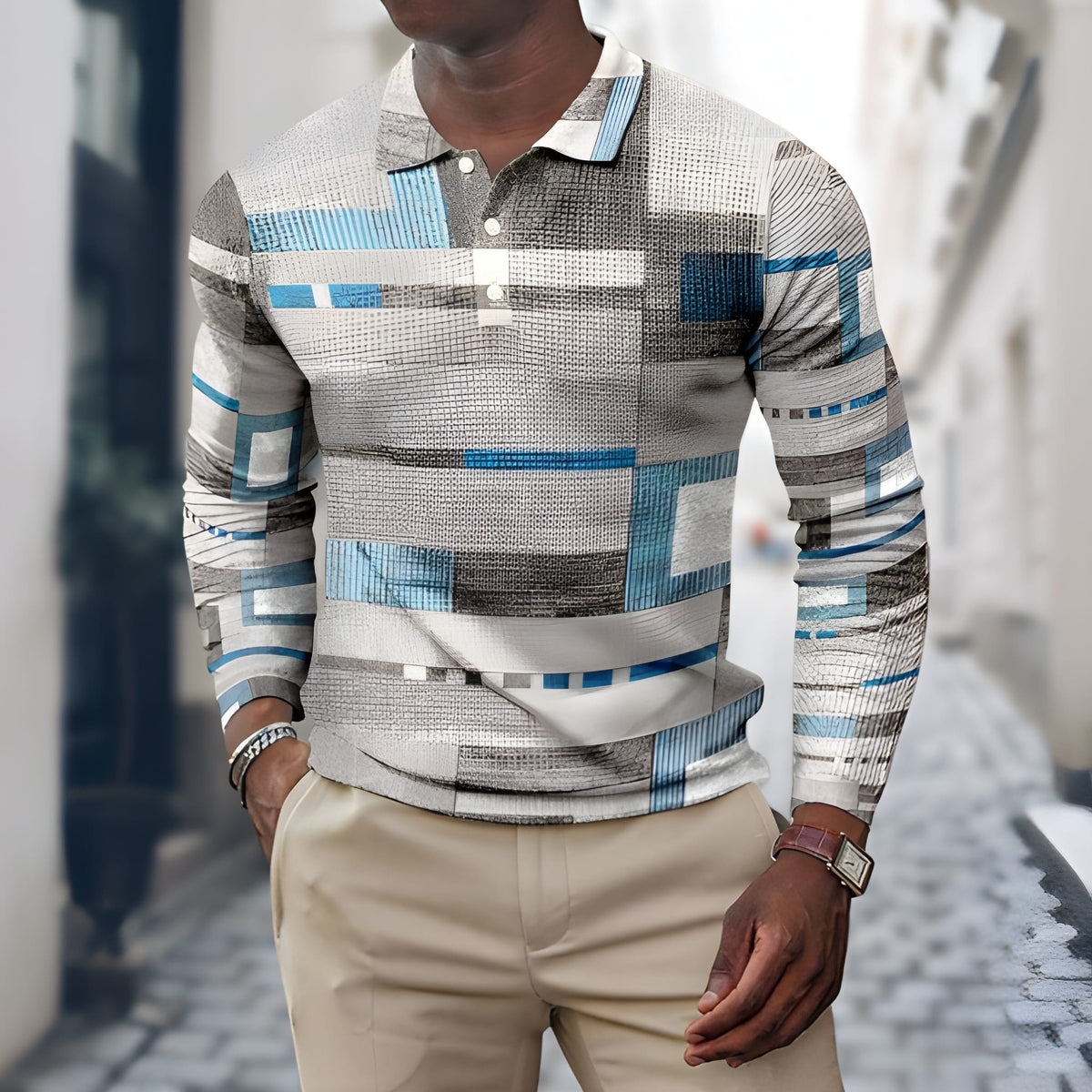 Heren polo lange mouw patchwork in grijs