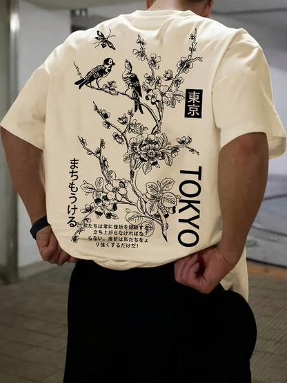Heren T-shirt met bloemen- en vogelprint in abrikoos