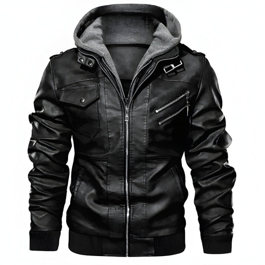 Heren Motorjack | PU Leer & Capuchon | Slim Fit Windbreaker | Fleecevoering voor Winter