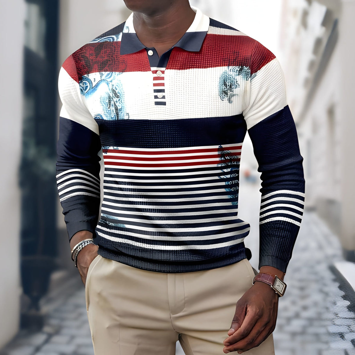 Heren polo lange mouw patchwork in wit-blauw