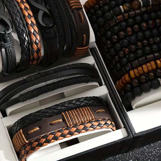 Heren armbanden set leer en hout