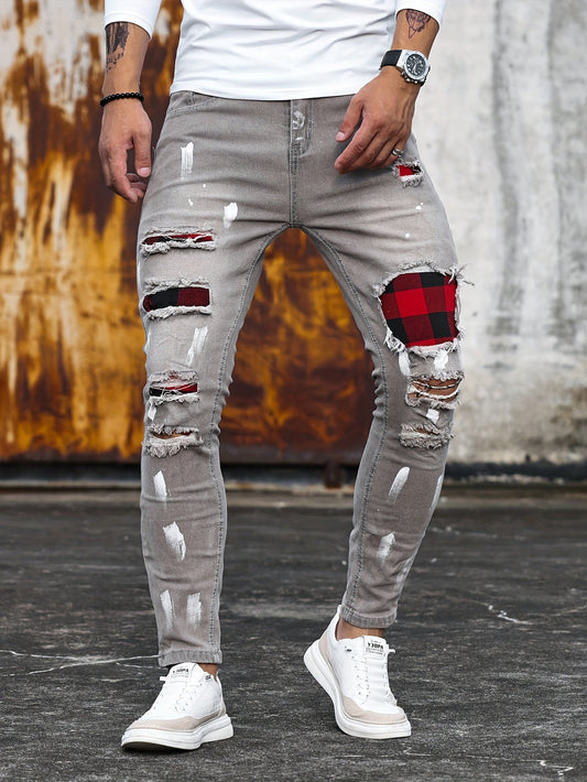 Heren Patchwork Jeans | Slanke pasvorm | Stretch Denim | Trendy stijl