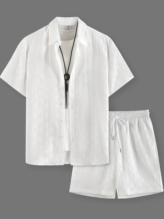 Heren Zomer Set | Geborduurd Overhemd & Trekkoord Shorts | Effen Kleur | Casual