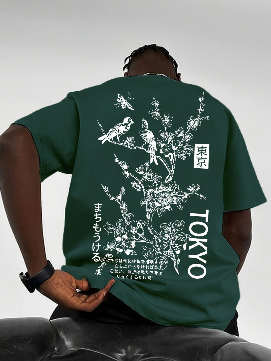 Heren T-shirt met bloemen- en vogelprint in groen
