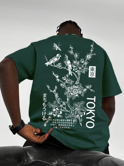 Heren T-shirt met bloemen- en vogelprint in groen