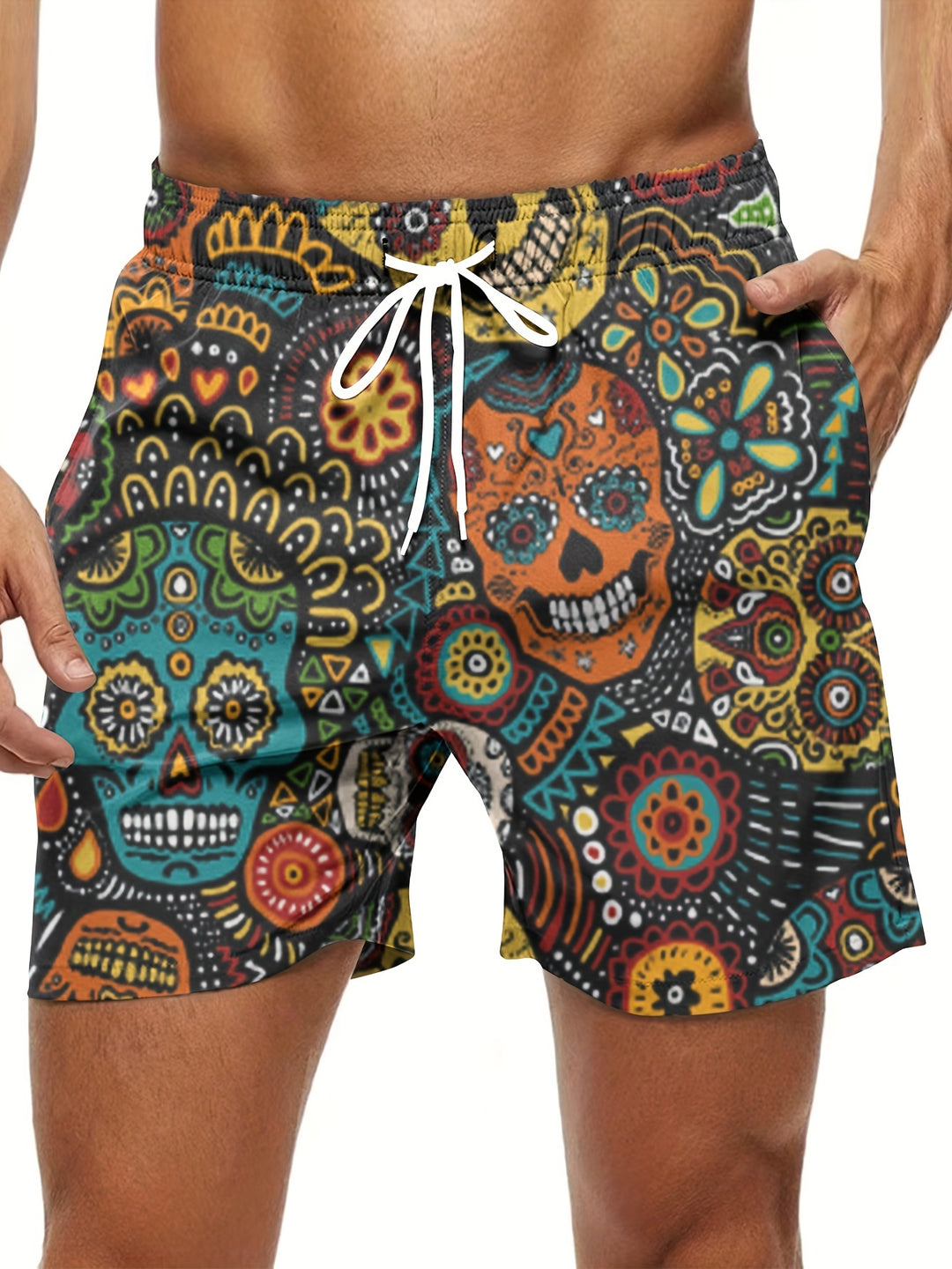 Heren Boardshort | Schedelprint in Etnische Stijl | Met Trekkoord & Zakken