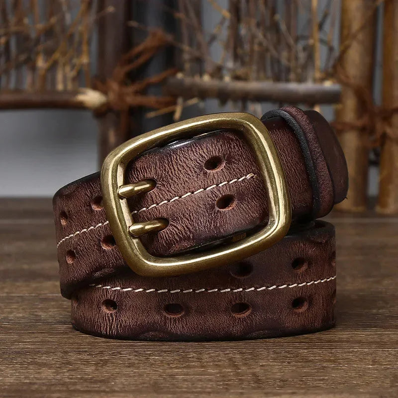Heren Riem | Echt Runderleer | Dubbele Messing Gesp | Retro & Stevig