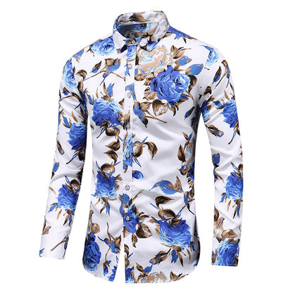 Heren overhemd met bloemenprint in blauw