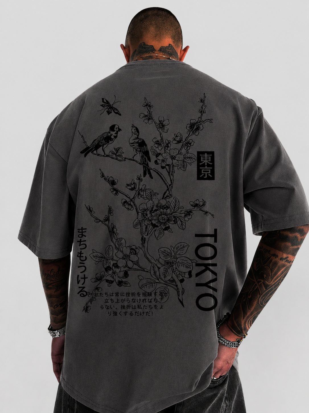 Heren T-shirt met bloemen- en vogelprint in grijs