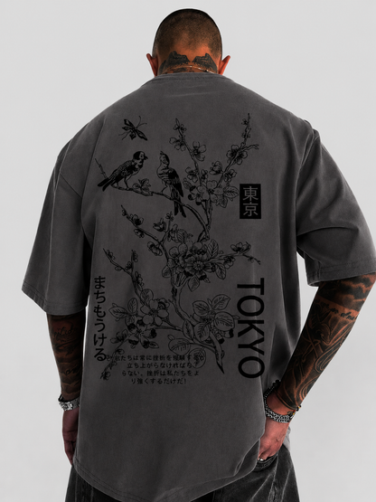 Heren T-shirt met bloemen- en vogelprint in grijs