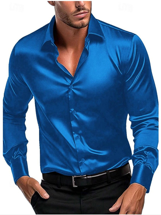 Satijnen overhemd heren lange mouwen in blauw