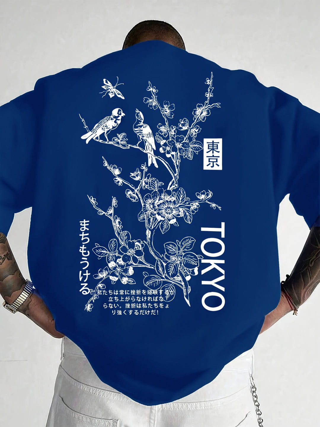 Heren T-shirt met bloemen- en vogelprint in blauw