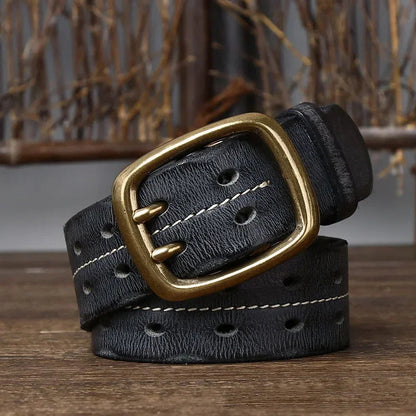 Heren Riem | Echt Runderleer | Dubbele Messing Gesp | Retro & Stevig