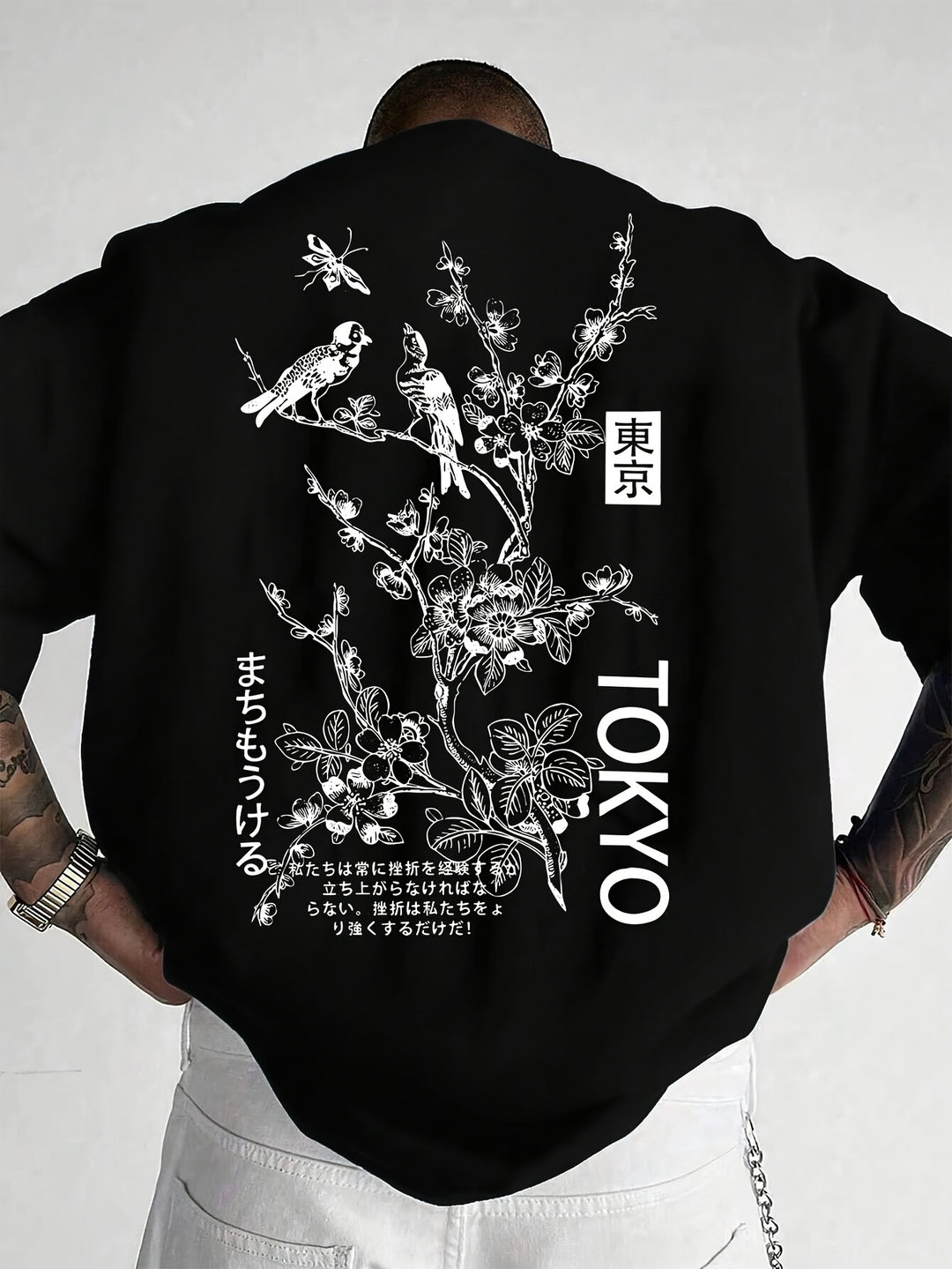 Heren T-shirt met bloemen- en vogelprint in zwart