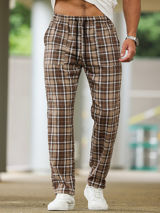 Heren Geruite Broek | Bruin & Trendy | Trekkoord & Comfortabele Pasvorm | Lente & Herfst