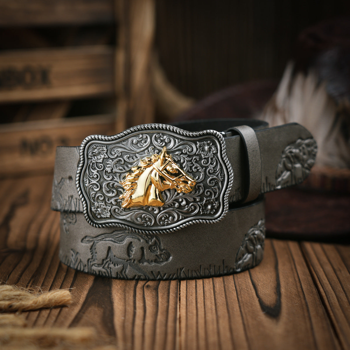 Western riem heren vegan leder in grijs-paard