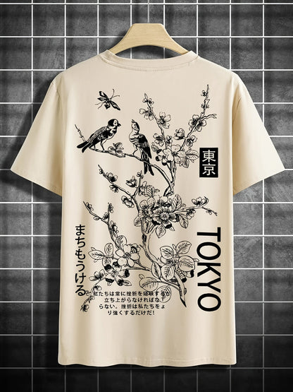 Heren T-shirt met bloemen- en vogelprint