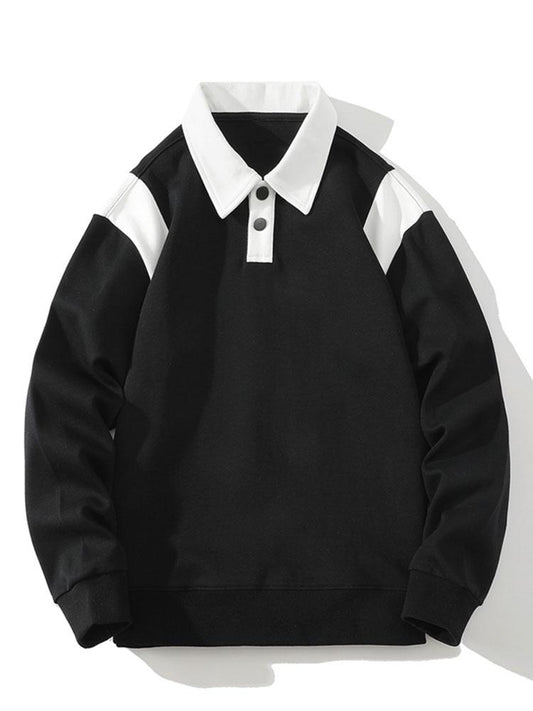 Heren Contrast Polokraag Sweatshirt in zwart, Relaxed Fit
