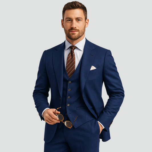 Heren driedelig pak met gilet in marineblauw, klassieke snit