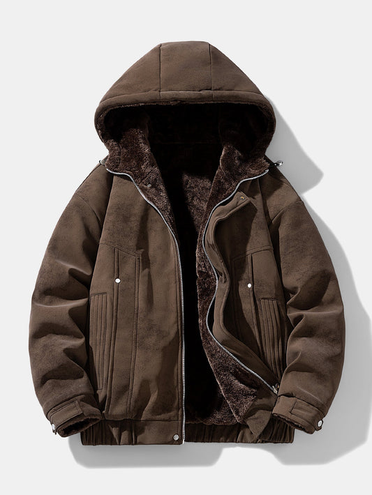 Heren Faux Suede Winterjas met Teddy Fleece in donkerbruin, Relaxed Fit