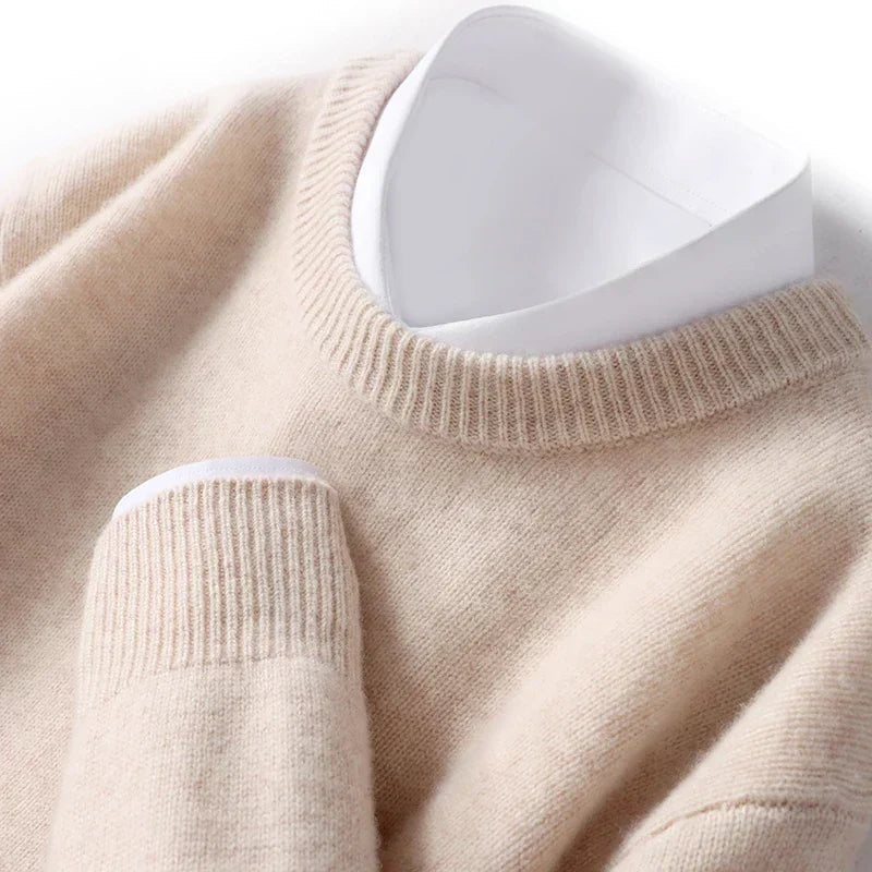 Heren Fijngebreide Crew-Neck Trui in beige, Klassieke Pasvorm