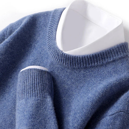 Heren Fijngebreide Crew-Neck Trui in blauw, Klassieke Pasvorm