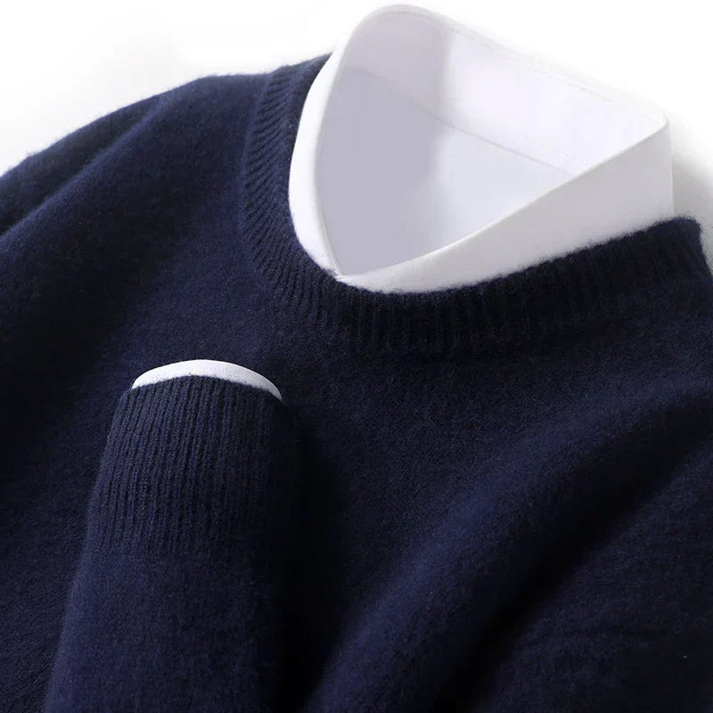 Heren Fijngebreide Crew-Neck Trui in donkerblauw, Klassieke Pasvorm