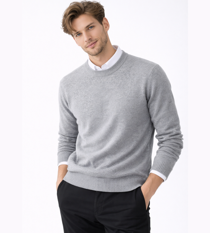 Heren Fijngebreide Crew-Neck Trui in lichtgrijs, Klassieke Pasvorm