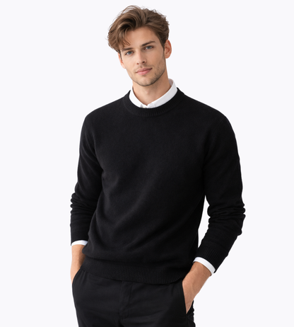 Heren Fijngebreide Crew-Neck Trui in zwart, Klassieke Pasvorm