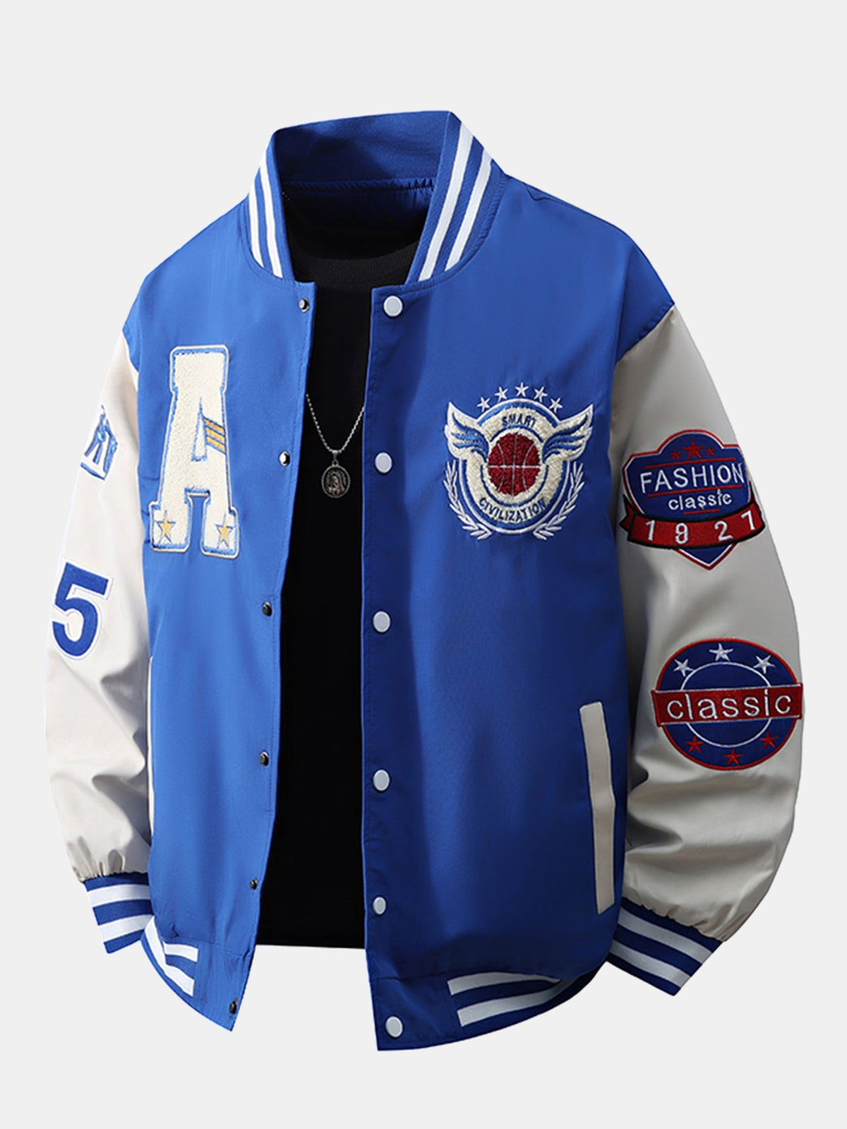 Heren Geborduurd Varsity Bomber Jacket in blauw, Relaxed Fit Streetwear