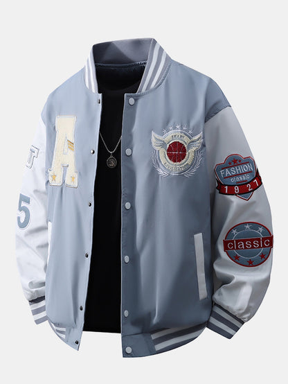 Heren Geborduurd Varsity Bomber Jacket in lichtblauw, Relaxed Fit Streetwear