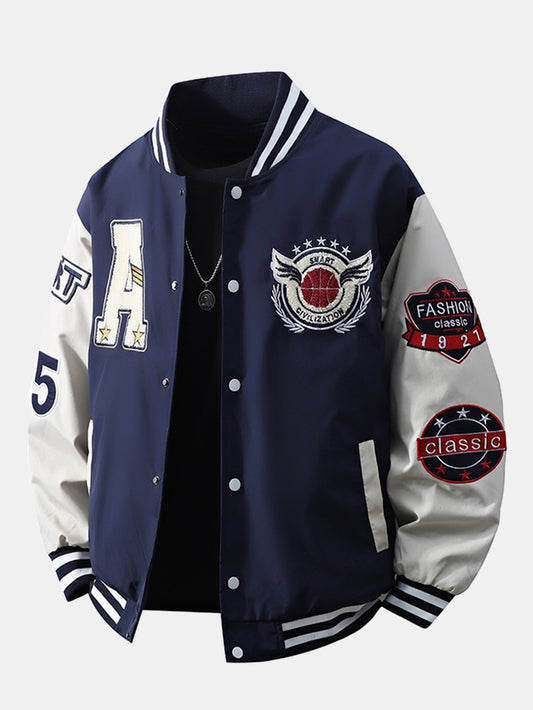 Heren Geborduurd Varsity Bomber Jacket in marineblauw, Relaxed Fit Streetwear