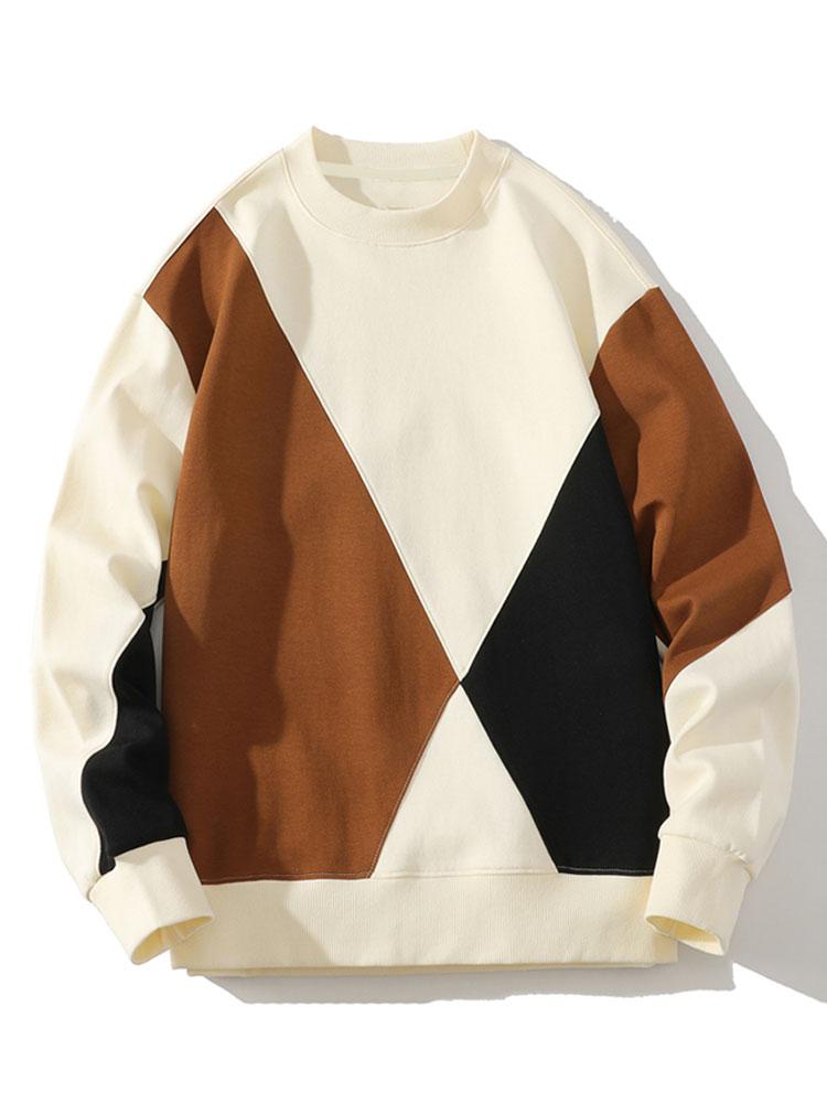 Heren Geometric Patchwork Sweatshirt in beige, Relaxed Fit Crew Neck