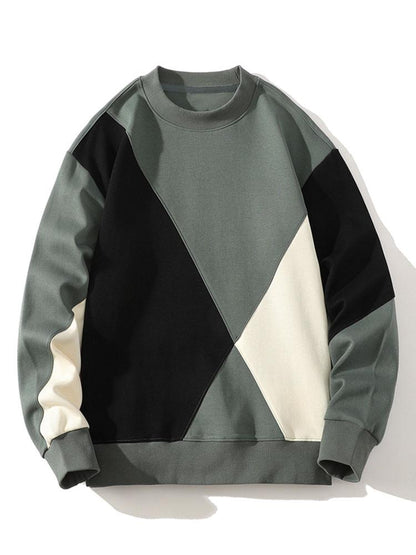 Heren Geometric Patchwork Sweatshirt in groen, Relaxed Fit Crew Neck