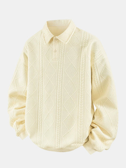Heren Geometrische Jacquard Polokraag Sweater in crème, Relaxed Fit